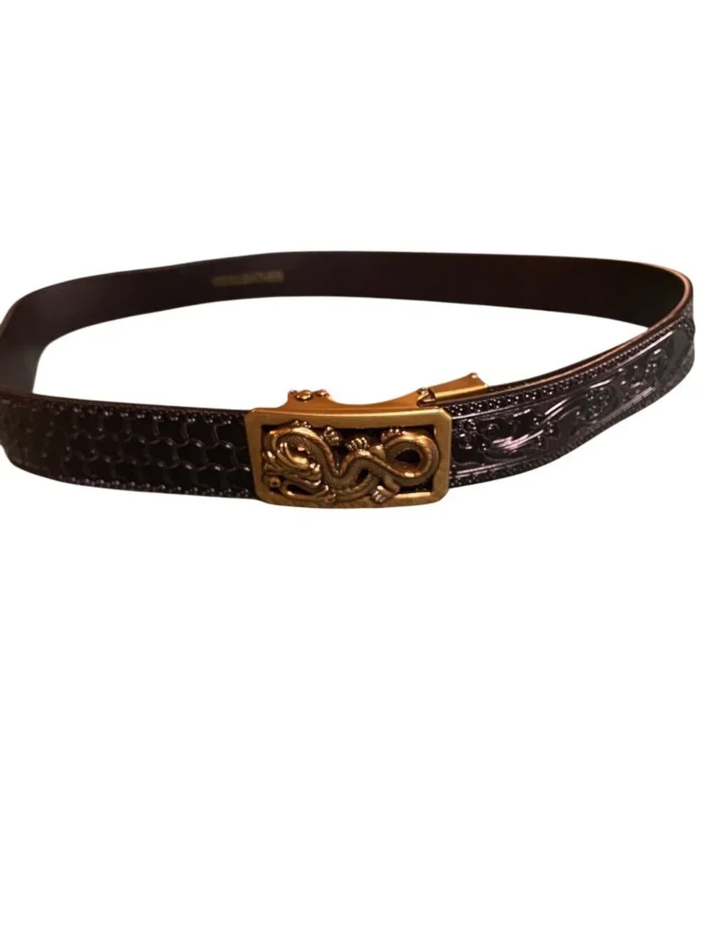 Embossed Dragon Buckle Brown Leather Belt With Gold Detailing Adjustable Fit Orn